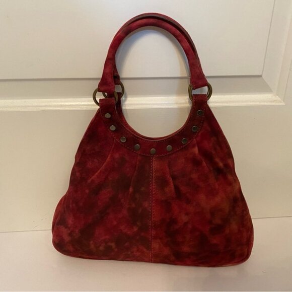 MAURIZIO TAIUTI ITALY BAG HAND RED SUEDE LEATHER BRONZE COLOR STUDS SNAP TOP - Picture 3 of 13